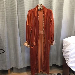 Burnt orange/leopard velvet trim long jacket